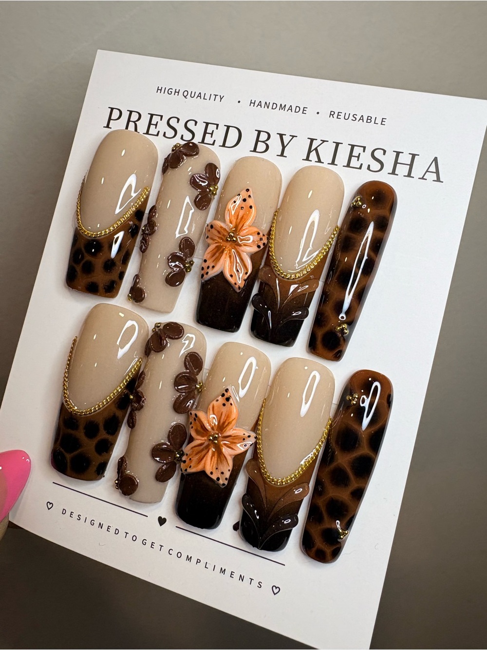 Beige & Brown Floral Press-On Nail Set